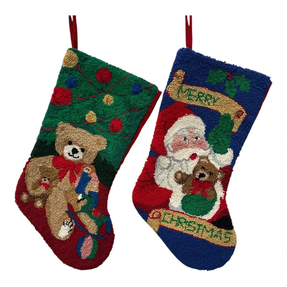 Christmas Stockings Lot‎ Of 2 Wool NeedlePunch Santa Claus & Teddy Bear Velvet